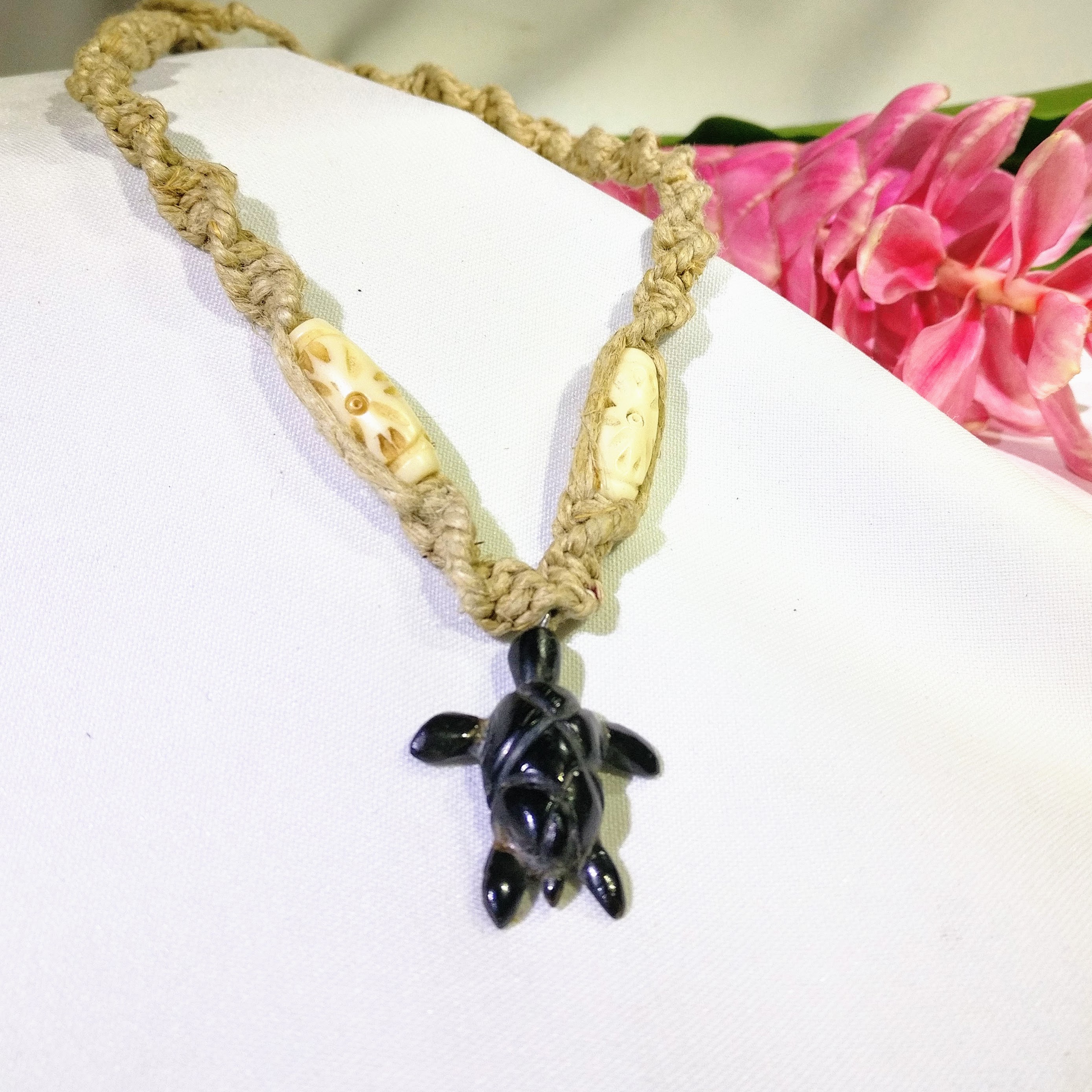 Black Coral Turtle Pendant on Hemp 